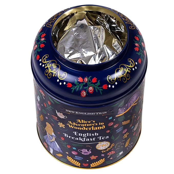 Midnight Alice in Wonderland Tea Caddy with 240 English Breakfast Teabags, Navy