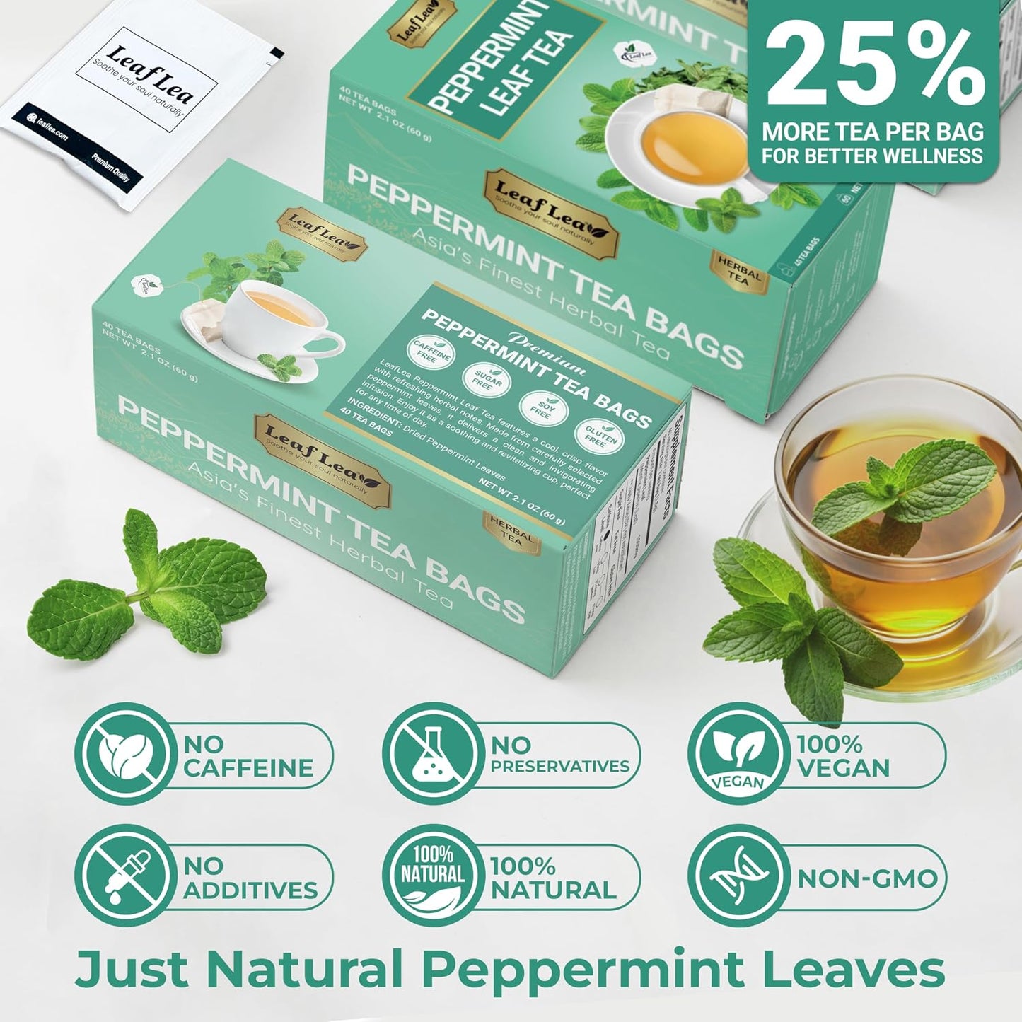 LeafLea Peppermint Tea Bags, Pure Single-Ingredient Mint Tea, 40 Count | Just Real Peppermint Leaves, Cool Refreshing Taste, Te De Menta, Caffeine-Free, Vegan, Individually Foil-Wrapped