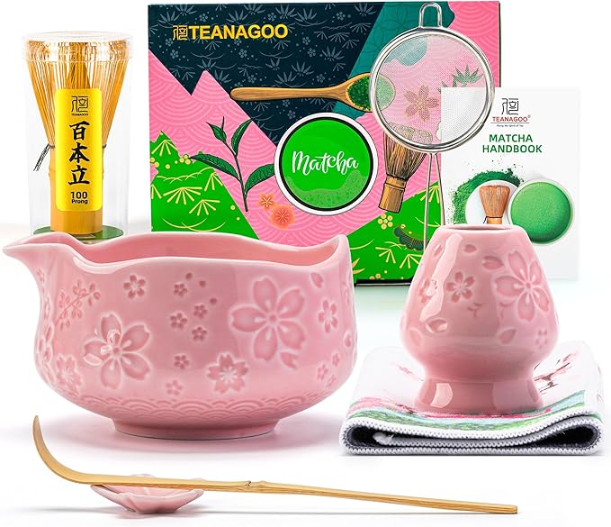 TEANAGOO 7-PCS Pink Matcha Whisk Set with Cherry Blossom Design, Complete Ceremony Kit, Ceramic Chaw