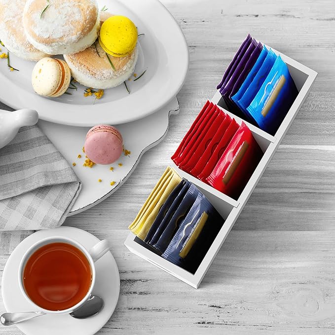 DRASTAR Tea Bag Organizer, Wooden Tea Bag Holder, White Tea Bag Chest with 3 Slots, Mini Tea Organizer Countertop, Sugar Packet Holder