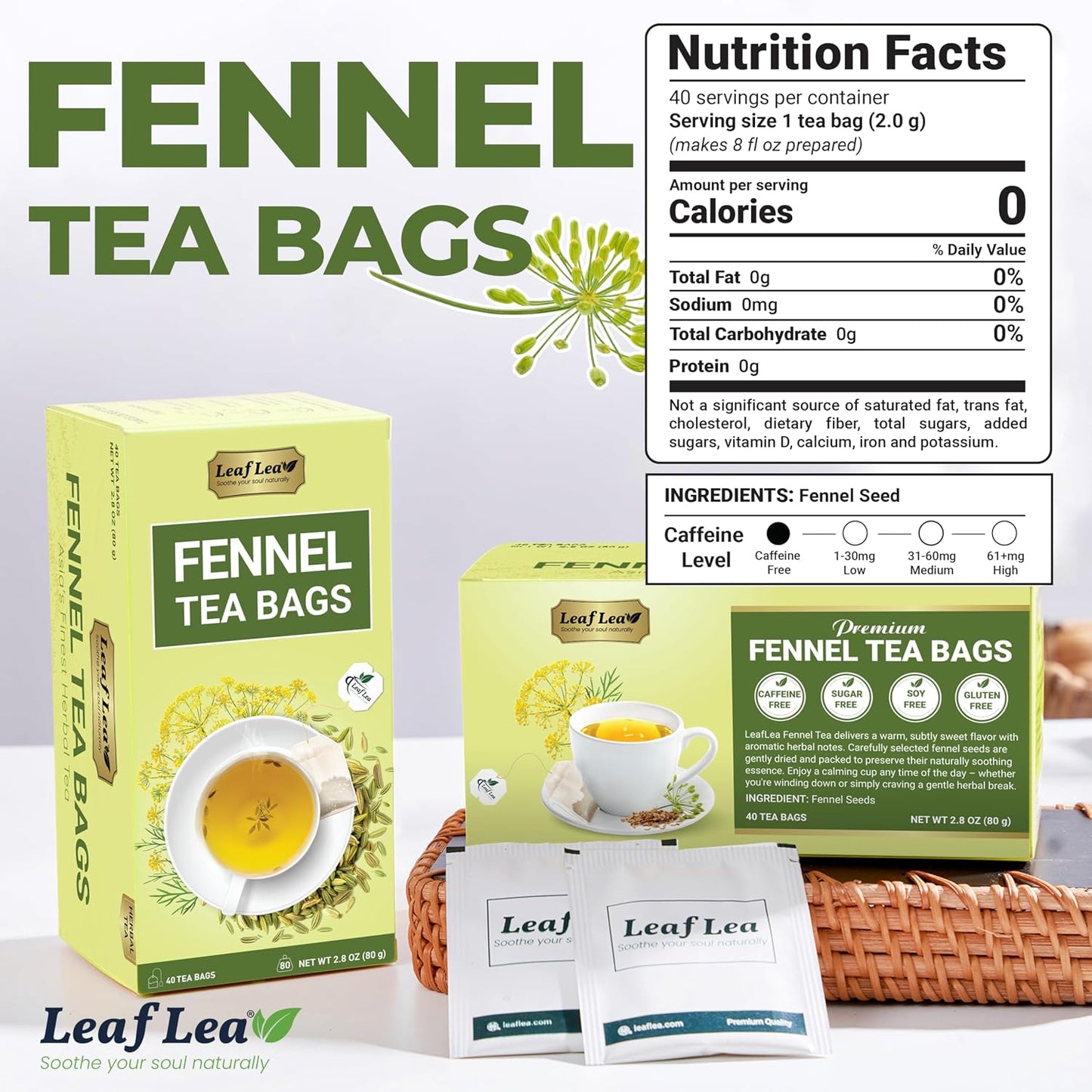 LeafLea Fennel Seed Tea Bags, Pure Herbal Fennel Tea, 80 Count | Naturally Sweet Digestive Herbal Tea, Individually Foil-Wrapped, 80 Bags · 2 Boxes, Caffeine-Free, Sugar-Free