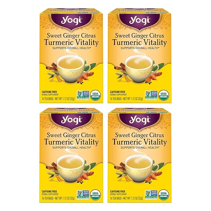 Yogi Tea Sweet Ginger Citrus Turmeric Vitality - 16 Bags per Pack (4 Packs) - Organic Ginger & Turmeric Root Tea - Supports Well-being - Includes Cinnamon Bark & More