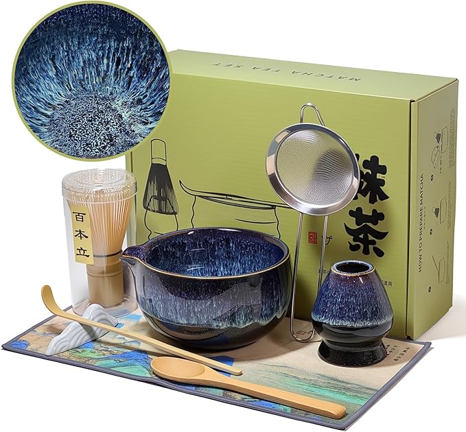 Matcha Whisk Set with Ceramic Bowl - Bamboo Whisk (Chasen), Scoop, Sifter & Holder - Complete Kit fo