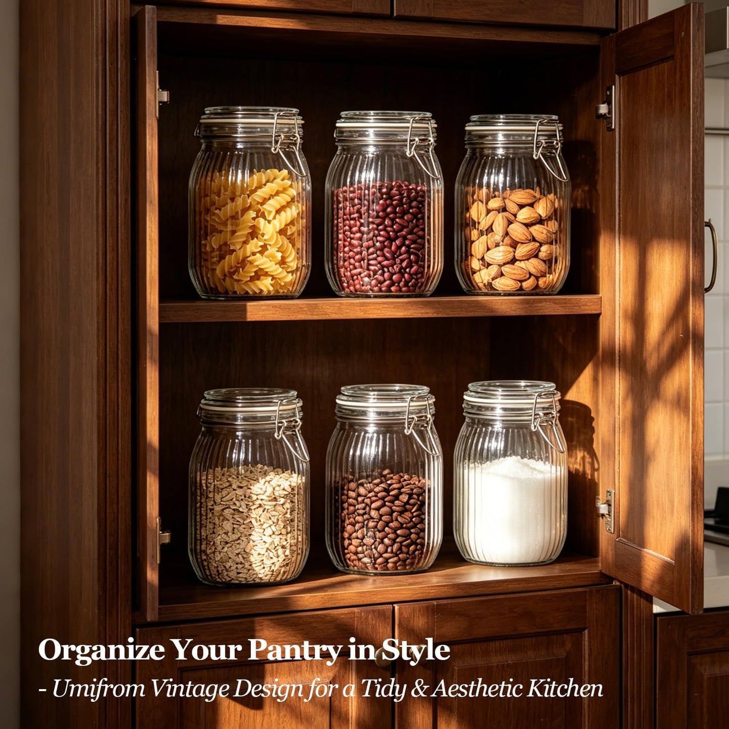 ComSaf Ribbed Glass Storage Jars Airtight Lids 34oz 3 Pack Pantry Flour | BPA-free food-grade glass, ribbed texture, bulk flour &amp; rice, pantry organization, kitchen canister set