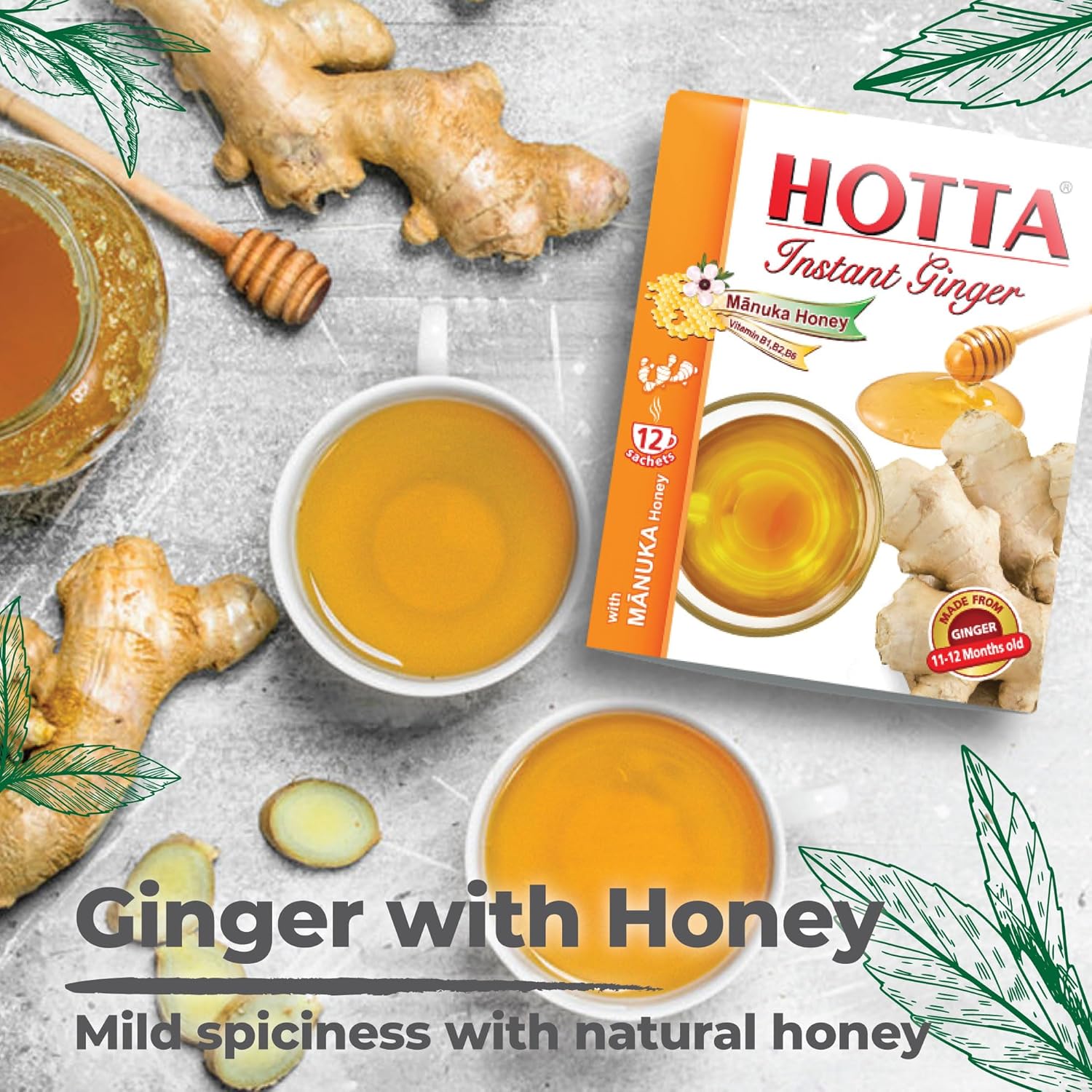 HOTTA Instant Ginger Drink with Manuka Honey, Naturally Sweet, Caffeine-Free Herbal Tea, High in Vitamin B1, B2 & B6, Smooth & Comforting, Enjoy Hot or Cold, 12 Sachets