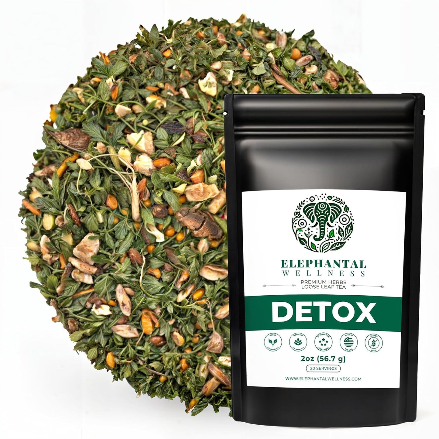 Elephantal Wellness Premium Detox Herbal Tea | Daily Liver, Kidney, Blood &amp; Digestive Support with Turmeric, Nettle Tea, Milk Thistle, Dandelion Tea &amp; Burdock | Handmade, Caffeine-Free Loose Leaf Blend | 2oz, 20 Servings