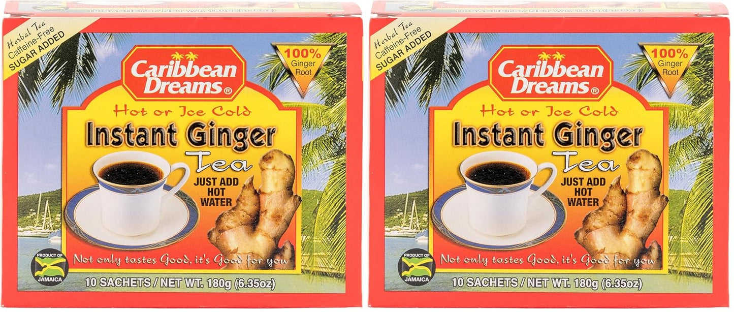 Caribbean Dreams Instant Ginger Tea, 100% Natural from Jamaica, Strong Taste and Aroma, 10 Sachets (Pack of 2)