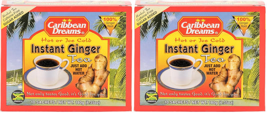 Caribbean Dreams Instant Ginger Tea, 100% Natural from Jamaica, Strong Taste and Aroma, 10 Sachets (Pack of 2)