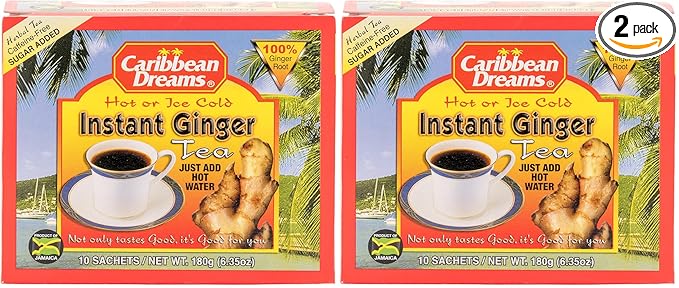 Caribbean Dreams Instant Ginger Tea, 100% Natural from Jamaica, Strong Taste and Aroma, 10 Sachets (Pack of 2)