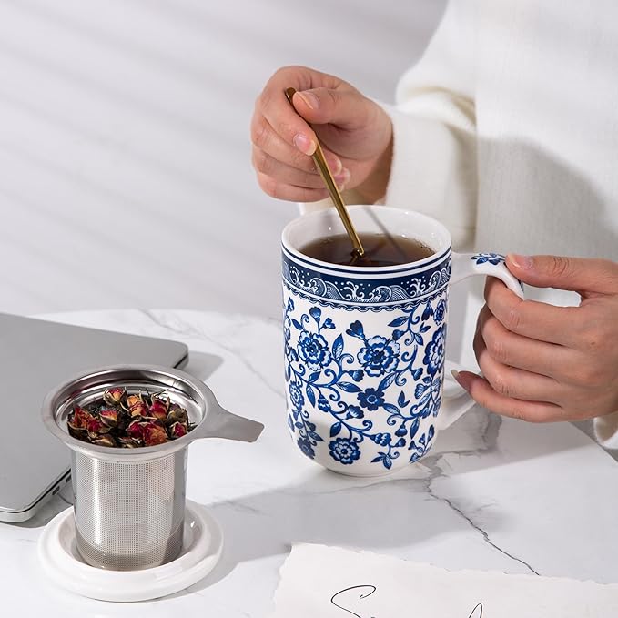 AmorArc Porcelain Tea Mug with Infuser and Lids, 18 Oz Coffee Cup Strainer with Bag Holder for Loose Leaf Tea