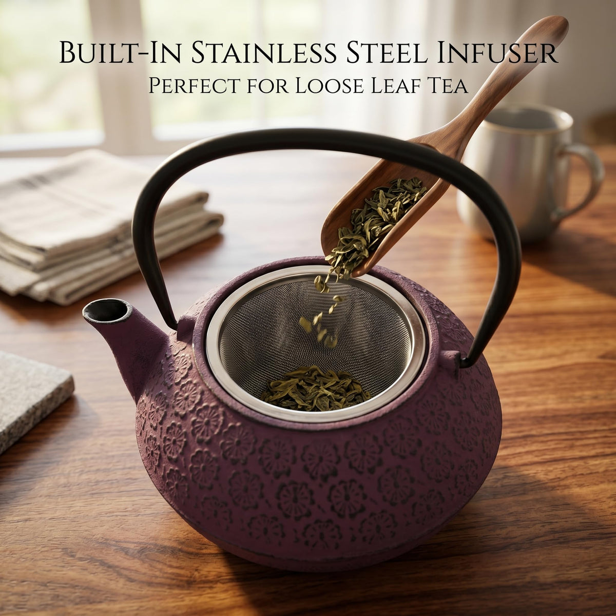 A Ting 30 oz Cast Iron Teapot Enamel Lining W/Metal Infuser Tea Kettle, Purple