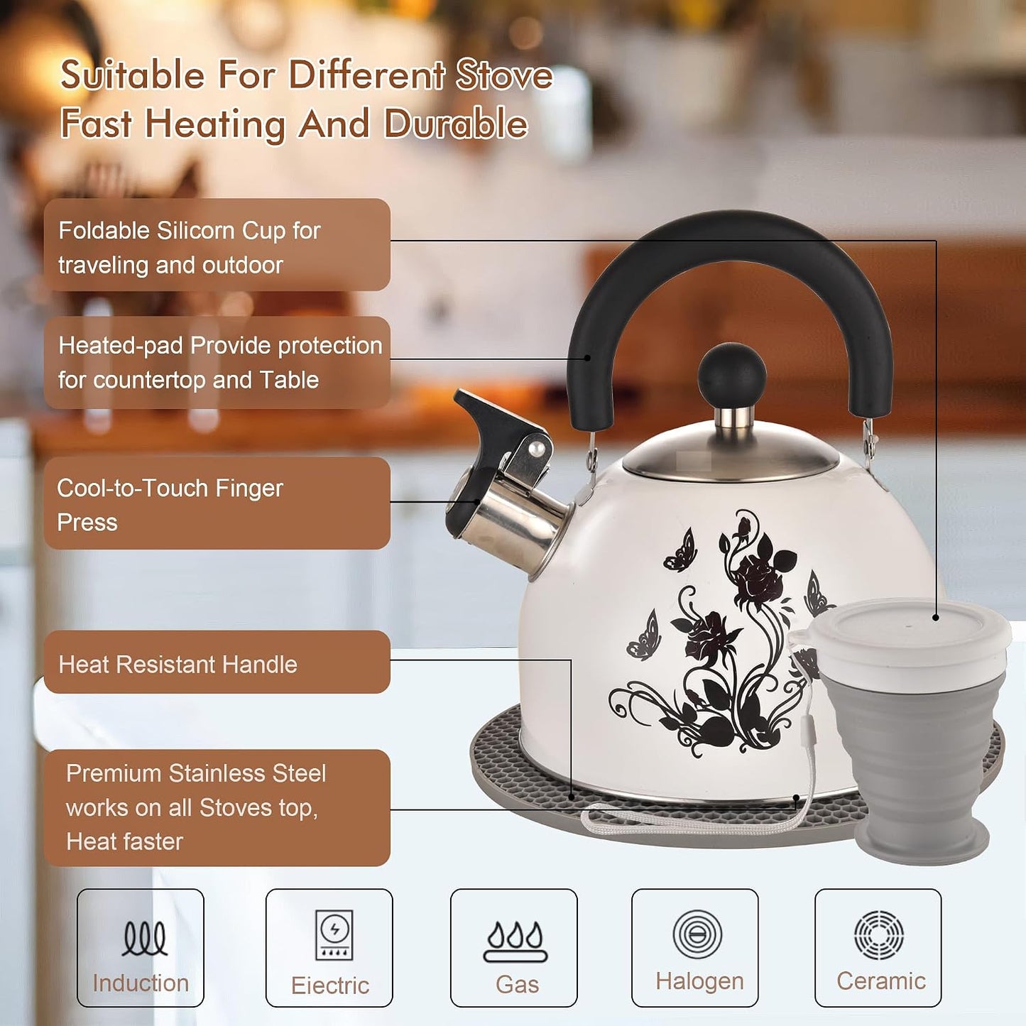 ARC 2 Quart Whistling White Tea Kettle with Magic Color Changing Design | Stainless Steel Stovetop Kettle Whistle Teapot with Folding Cup &amp; Trivet Mat