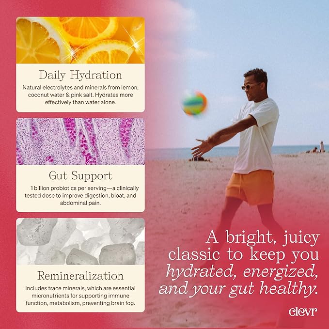 Clevr Strawberry Lemonade SuperTea, 18 Servings, Hydration Tea Blend with Coconut Water, Lemon Juice, 1B Probiotics for Gut Health, Sea Salt