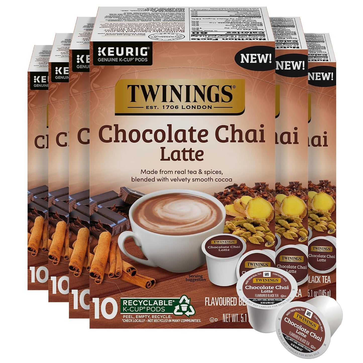 Twinings Chocolate Chai Latte Spiced Tea K-Cups, Keurig 10 CT Box (6 Pack) | Café Style, Velvety Smooth Cocoa, Real Spiced Tea, Naturally Caffeinated, 60 Pods for Single Serve Brewers, Enjoy Hot or Iced