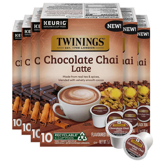 Twinings Chocolate Chai Latte Spiced Tea K-Cups, Keurig 10 CT Box (6 Pack) | Café Style, Velvety Smooth Cocoa, Real Spiced Tea, Naturally Caffeinated, 60 Pods for Single Serve Brewers, Enjoy Hot or Iced