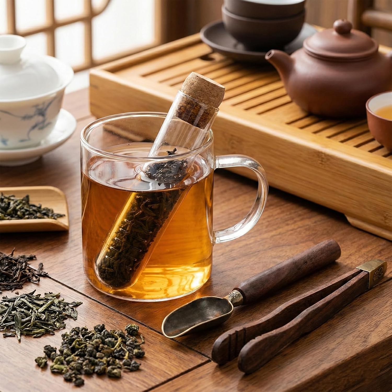 2 PCS Tea Infuser Glass Tea Strainers for Long Leaf Teas with Teaspoon TeaTongs TeaSteeper with Cork for Cup, Gift for Teas Lovers