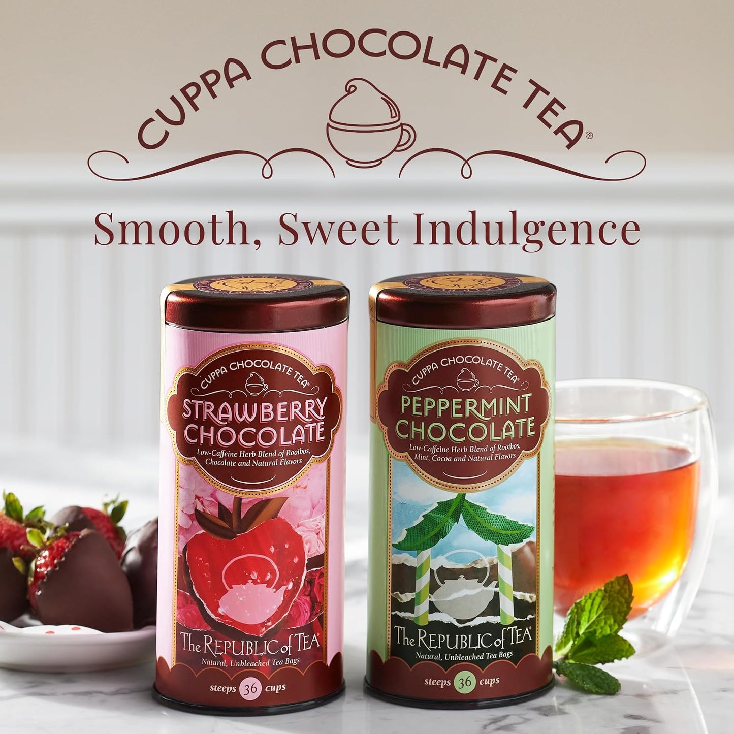 The Republic of Tea Cuppa Chocolate Peppermint Herbal Tea, 36 Count | Low Caffeine. A gentle cup for everyday sipping. Mellow rooibos with a cool finish and notes of cocoa.