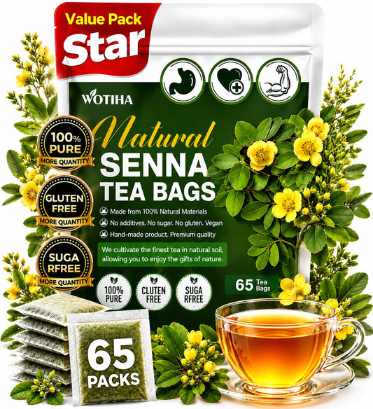 WOTIHA 65 Count Premium Smooth Move Tea Bags - 100% Natural Senna Leaf, Relieves Occasional Constipation, Supports Digestive Health, Caffeine-Free, Additive-Free, Sugar-Free, Vegan