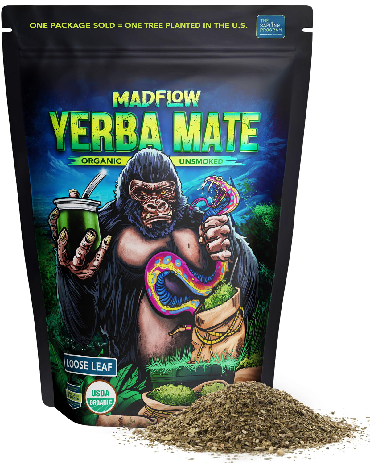 MADFLOW Unsmoked Organic Yerba Mate Loose Leaf 1.1 Lb. Mate Tea For Natural Energy, Focus and Flow. Resealable Packaging. For