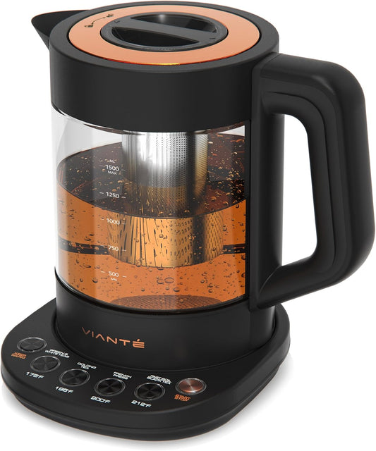 Viante Alba Electric Tea Kettle With Infuser, No Plastic, 1.5L, Black | Borosilicate glass &amp; 304 stainless steel construction. 4 temp presets, keep-warm, cordless, auto shut-off