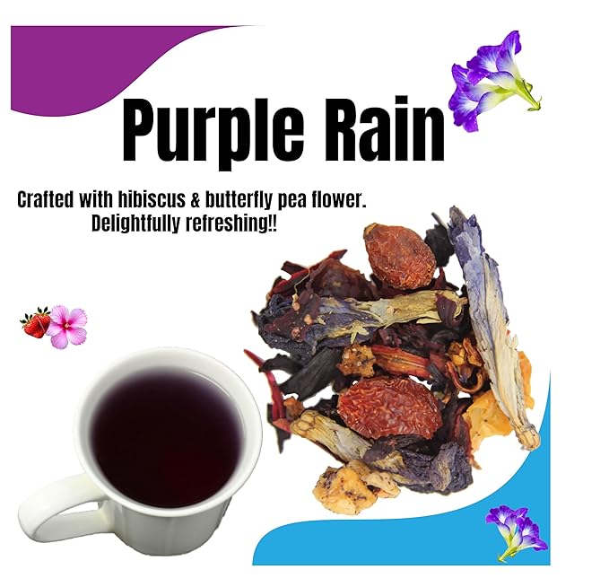 Tea Whisker - Purple Rain, Butterfly Pea & Hibiscus, Floral Herbal, Loose Leaf Tea, 4 Ounce Pouch, Serve Iced or Hot, Non-Caffeinated