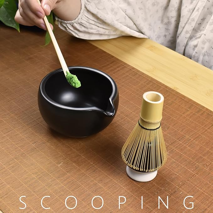 Artcome 4 Pcs Complete Matcha Ceremony Kit - Bowl With Pouring Spout, Whisk, Holder, Scoop - Japanese Tea Set for Making Usucha