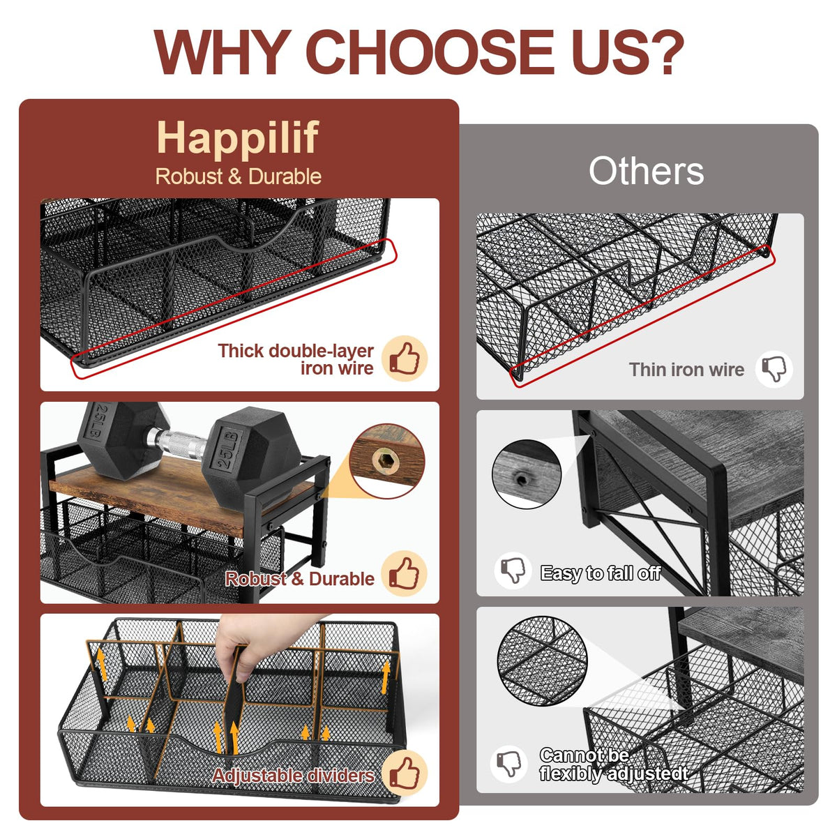 Happilif Tea Bag Organizer, Tea Bag Holder Organizer with 8-Compartment Adjustable Drawer, Wood & Metal Tea Box Organizer