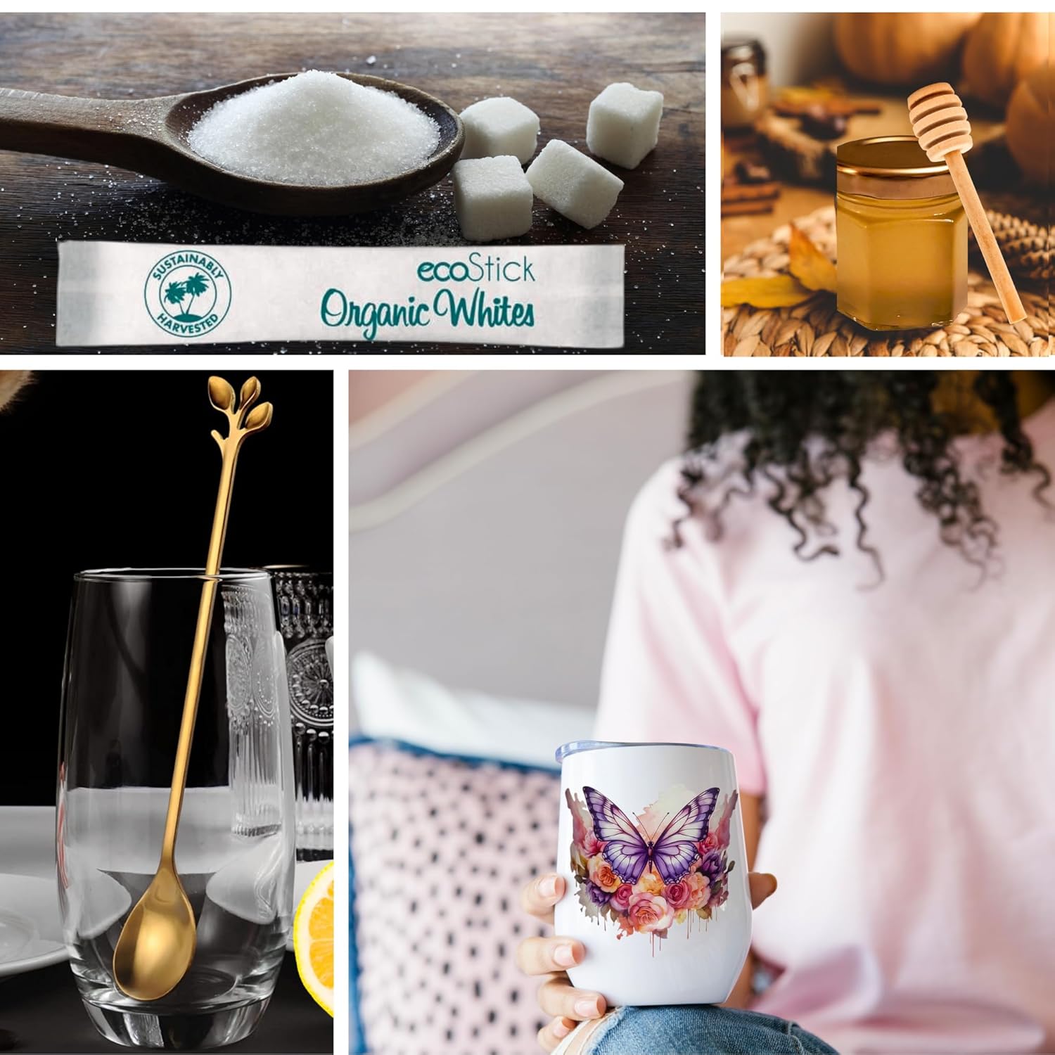 Tea and Honey Gift Set – Insulated Floral Tumbler with Lid, 18 Tea Sachets, Honey Jar, Organic Sugar Sticks, Gold Spoon & Reusable Straw – Relaxation & Self Care Gift Box