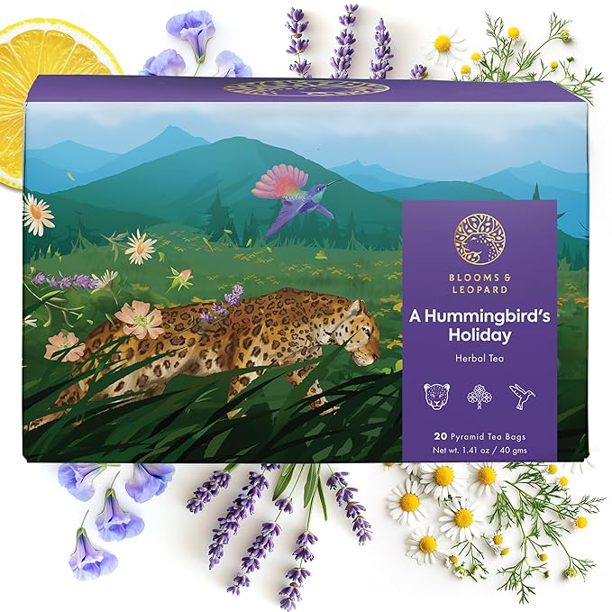 Blooms & Leopard Premium Herbal Tea with Chamomile, Rose Petals, Lavender, Valerian Root, Lemon Peel, 20 Herbal Tea Bags, caffeine-free - A Hummingbird's Holiday