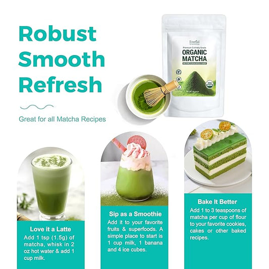Emerail Organic Matcha Powder, USDA-Certified Pure Matcha Green Tea Powder, Premium Culinary Grade, Perfect for Lattes Smoothies and Baking, Sugar Free (450g / 15.9oz Pouch)