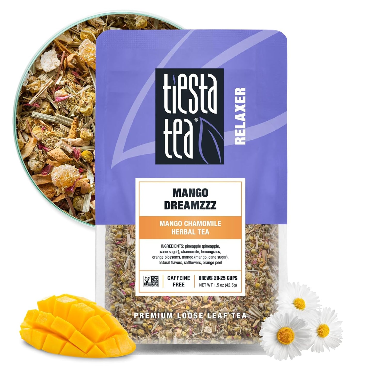 Tiesta Tea - Mango Dreamzzz Chamomile Loose Leaf Herbal Tea | Relaxing Chamomile &amp; Lemongrass Blend, Caffeine-Free, Brew Hot or Iced, Makes Up to 25 Cups, Resealable Pouch, 1.5 Ounce