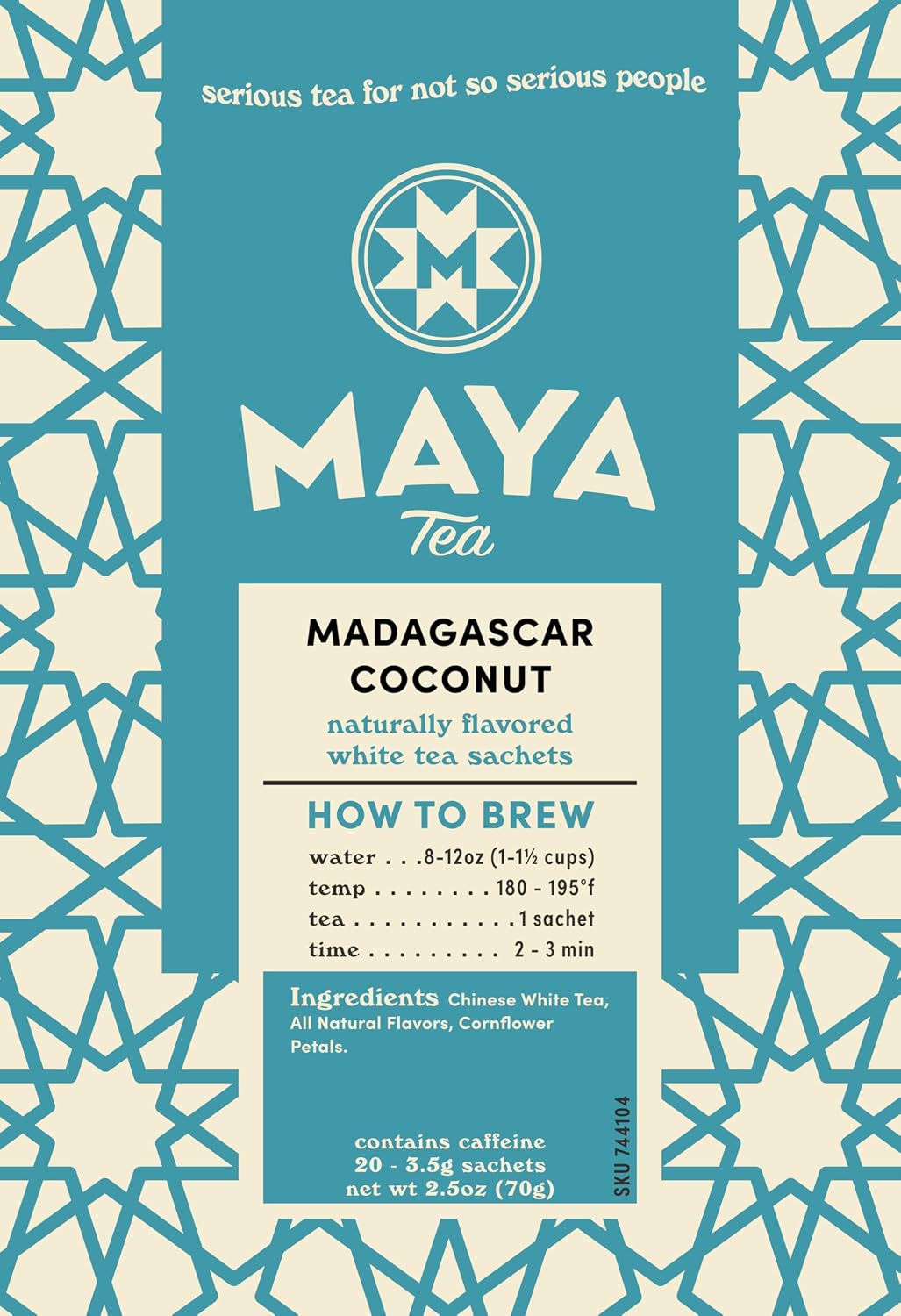 Maya Tea Madagascar Coconut Flavored White Tea Sachets, 20 Count | Caffeinated Shou Mei tea, coconut and vanilla natural flavors, cornflower petals, biodegradable sachets, hot or iced