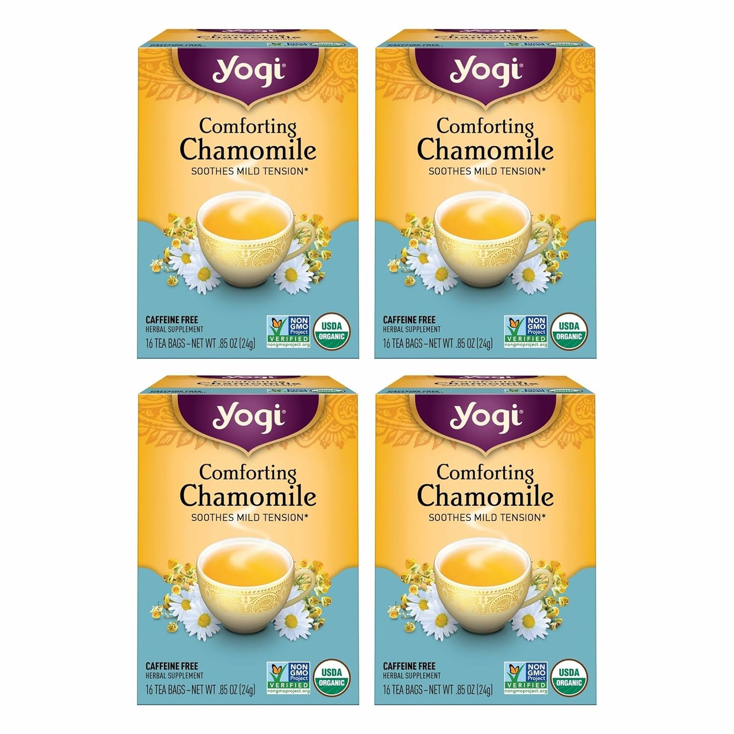 Yogi Tea Comforting Chamomile Tea - 16 Tea Bags per Pack (4 Packs) - Organic Chamomile Tea Bags - Supports a Good Night'