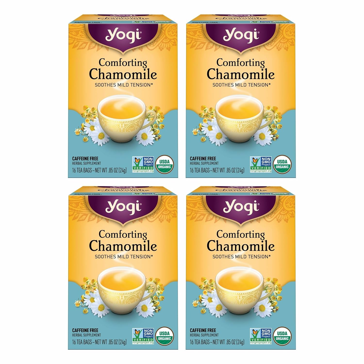 Yogi Tea Comforting Chamomile Tea - 16 Tea Bags per Pack (4 Packs) - Organic Chamomile Tea Bags - Supports a Good Night'