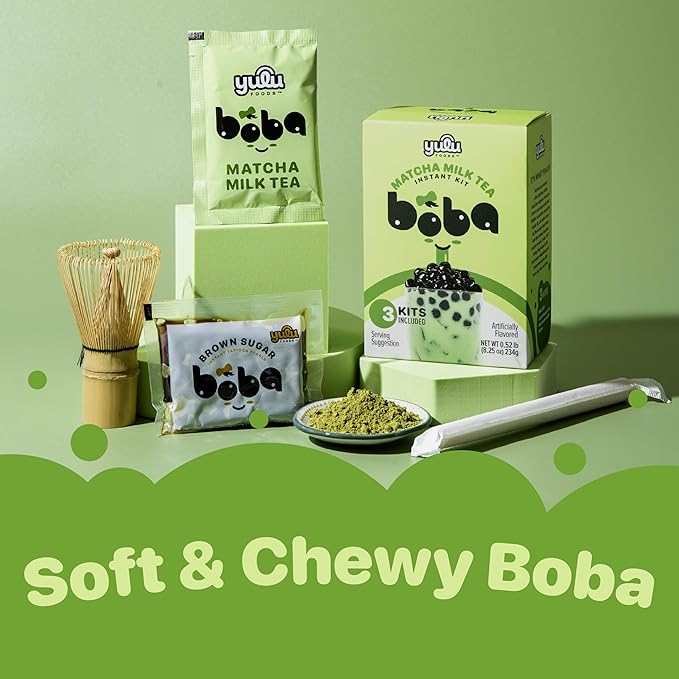 Matcha Latte Instant Bubble Pearl Matcha Milk Tea Kit with Authentic Brown Sugar Tapioca Pearls, Ready in Under One Minute, Paper Straws Included – 3 Servings Yulu Foods