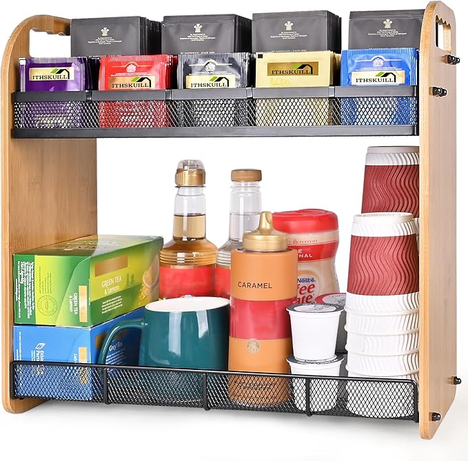 Tea Bag Organizer, Large Capacity Tea Organizer for Tea Bags, Bamboo Multi-functional Storage Coffee Bar Accessories for Home Office Kitchen Counter