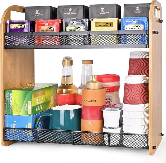 Tea Bag Organizer, Large Capacity Tea Organizer for Tea Bags, Bamboo Multi-functional Storage Coffee Bar Accessories for Home Office Kitchen Counter