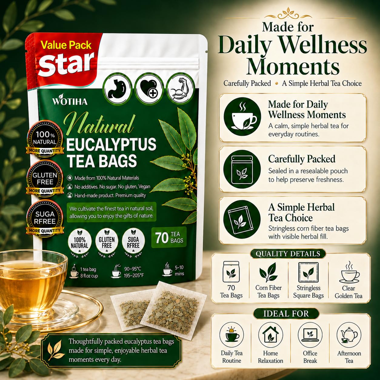 WOTIHA 70 Count Premium Eucalyptus Tea Bags - 100% Natural Eucalyptus Leaves, Boosts Respiratory Health,Non-GMO Caffeine-Free, Additive-Free, Sugar-Free, Vegan