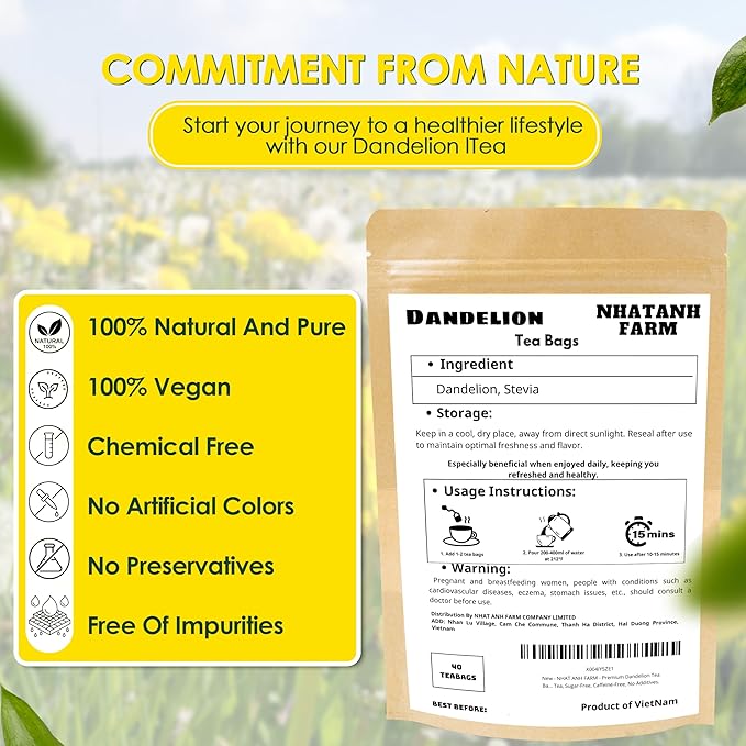 Nhat ANH Farm - Premium Dandelion Tea Bags, 40 Tea Bags, 100% Natural Dried Dandelion Leaves, Naturally Sweet Herbal Tea, Sugar-Free, Caffeine-Free