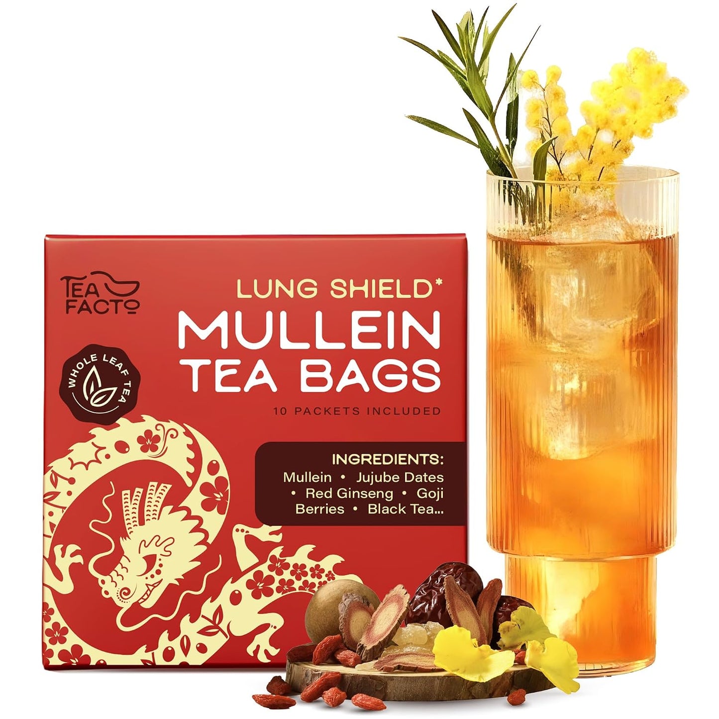 Tea Facto Lung Shield Mullein Lung Tea Bags – Whole Leaves Mullein Leaf Tea with 8 Herbs – 10 Packs