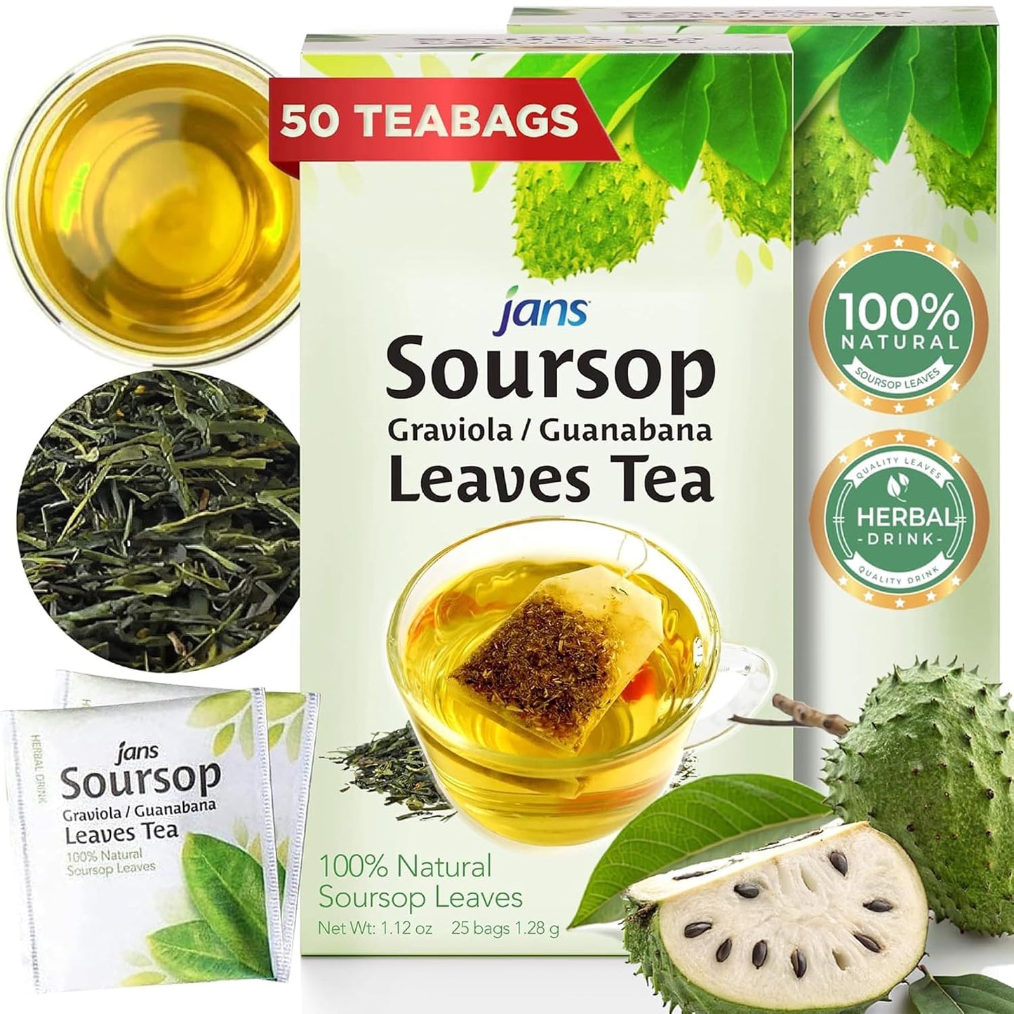 Jans Soursop Tea Bags, 50 Count, 2 Pack of 25, 100% Natural Soursop Leaves