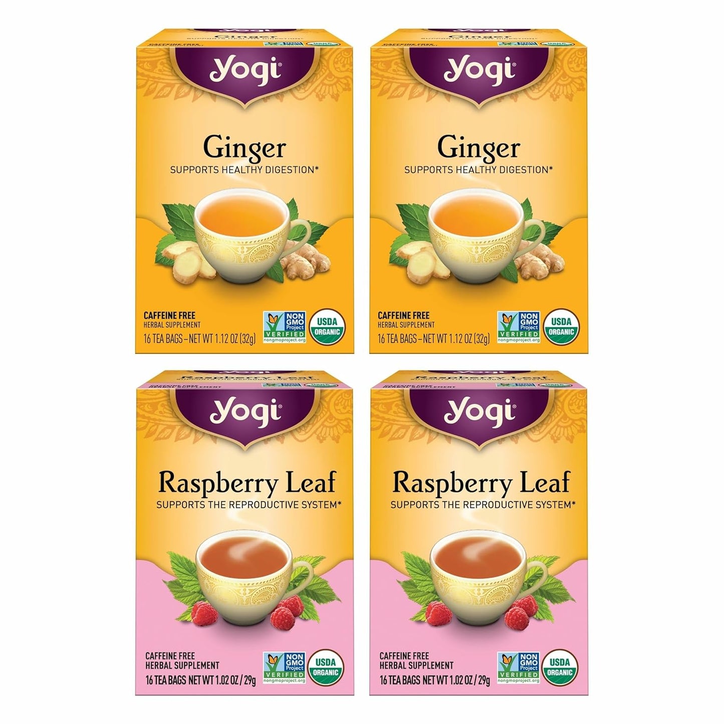 Yogi Tea Women's Wellness Variety Pack 4pk - 16 Bags per Pack (4 Packs) - Supports Moon Cycle and Digestion - Includes (2 Boxes Each) of Ginger & Raspberry Leaf - Organic Caffeine-Free Teas