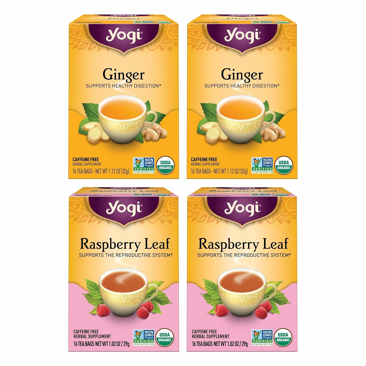Yogi Tea Women's Wellness Variety Pack 4pk - 16 Bags per Pack (4 Packs) - Supports Moon Cycle and Digestion - Includes (2 Boxes Each) of Ginger & Raspberry Leaf - Organic Caffeine-Free Teas