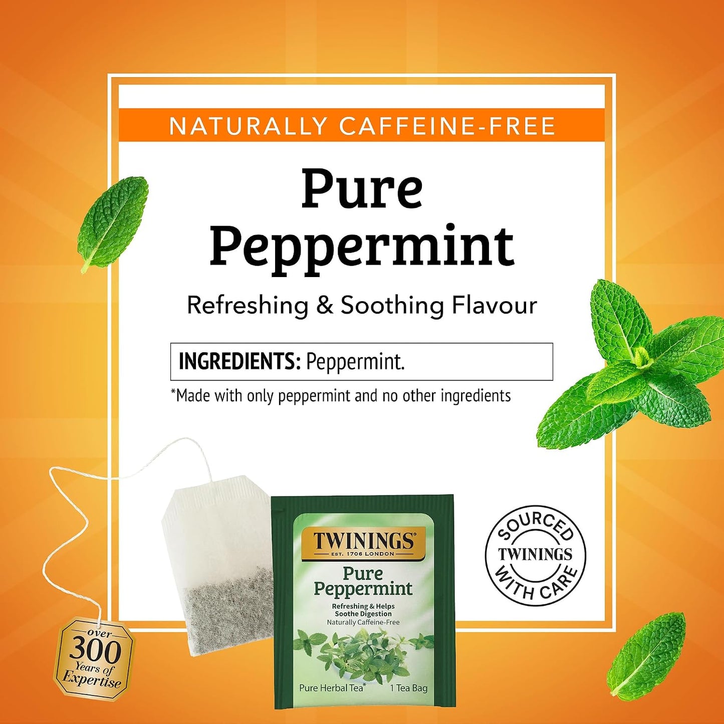 Twinings Pure Peppermint Herbal Caffeine-Free Tea Bags, 20 CT Box (1 Pack) | Fresh Minty Flavour, Soothes Digestion, Naturally Caffeine-Free, 20 Foil Lined Individually Wrapped Bags, Enjoy Hot or Iced