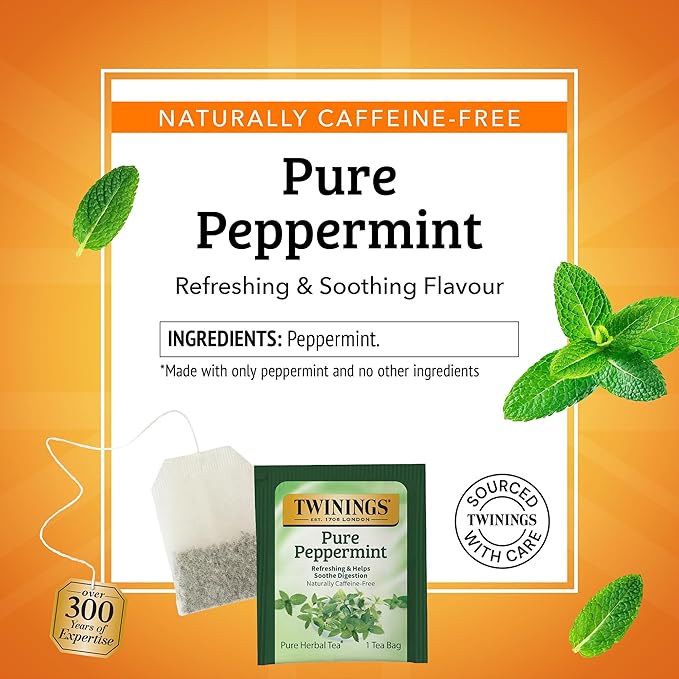 Twinings Pure Peppermint Herbal Tea Individually Wrapped Bags, 25 Count (Pack of 6), Fresh Minty Flavour, Naturally Caffeine-Free, Enjoy Hot or Iced, 150 Teabags