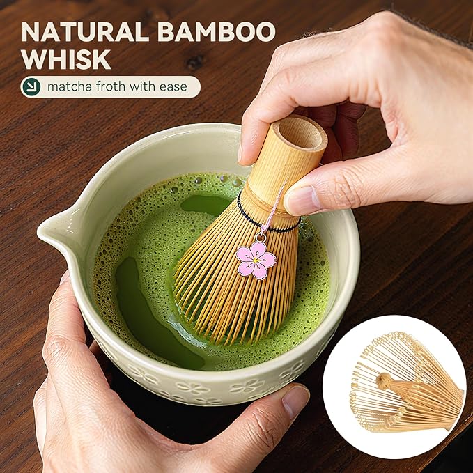 Sakura Matcha Whisk Set, 8 PCS Japanese-Style Matcha Kit with Cherry Blossom Matcha Bowl, Bamboo Whisk & Holder, Scoop, Spoon Rest