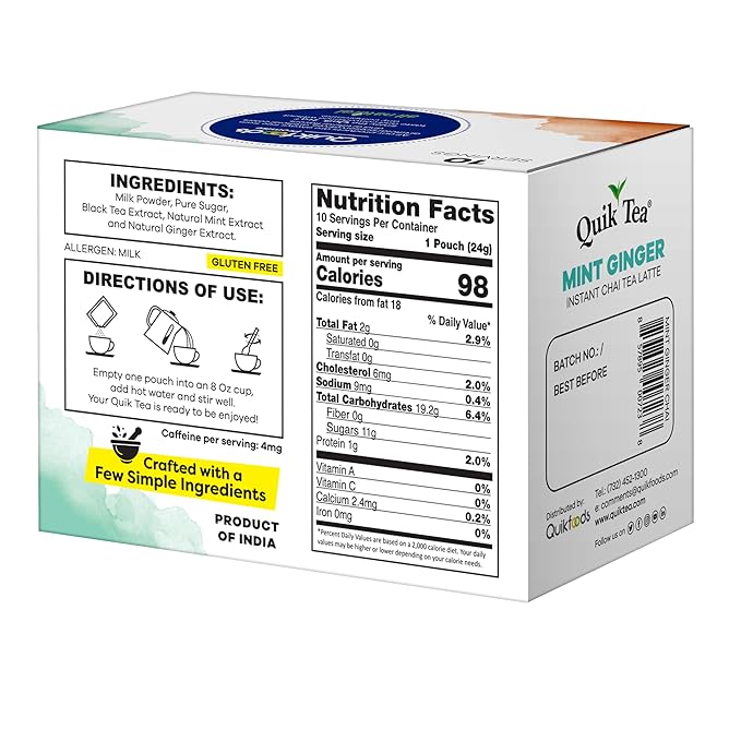 QuikTea Mint Ginger Chai Tea Latte – 10 Count, Bold Mint Ginger Flavor, No Preservatives – Just Add Hot Water