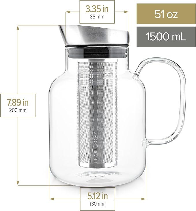 Teabloom 100% Plastic-Free Large Multi-Brew Borosilicate Glass Teapot + Kettle + Pitcher – Steep and Serve Hot Tea, Iced Tea