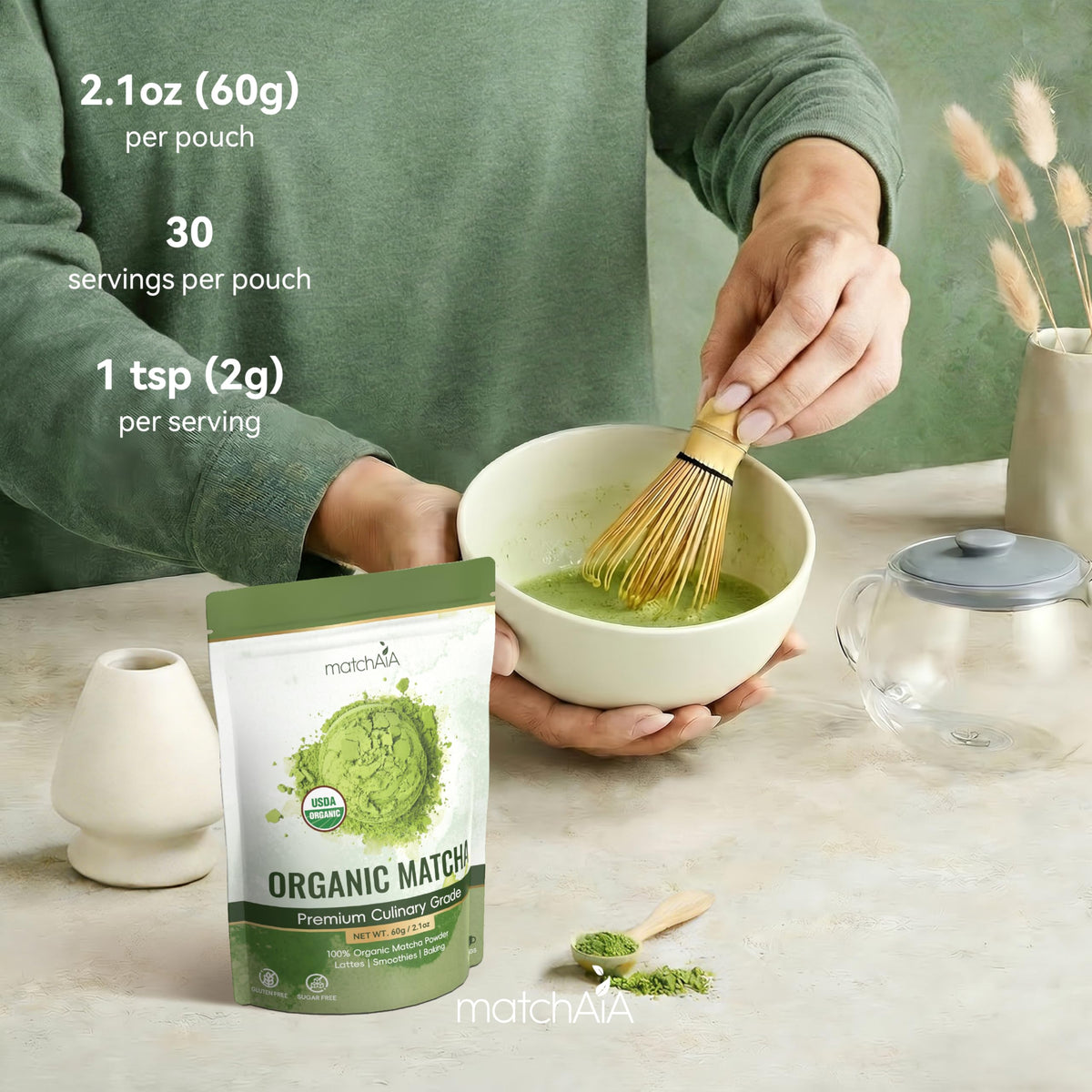 MatchAiA Organic Matcha Powder, Premium Culinary Grade, 60g/2.1oz Pouch