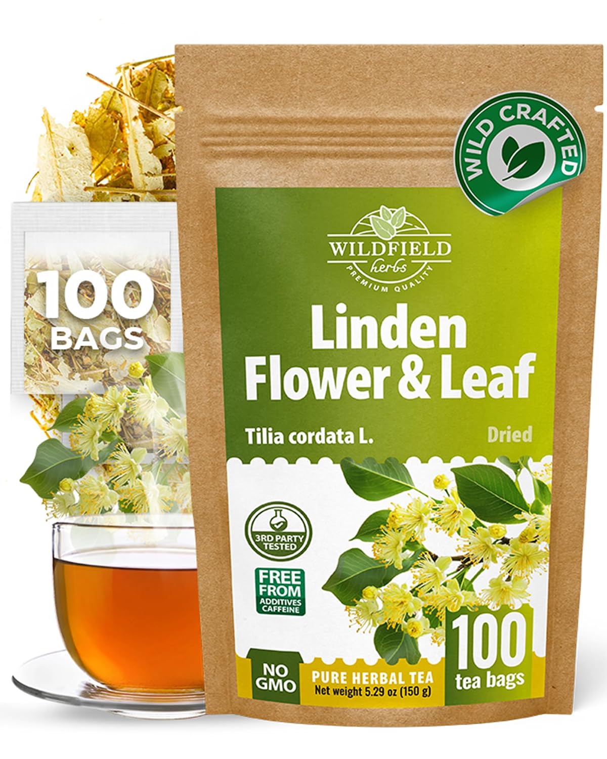 WILDFIELD HERBS 100 Linden Tea Dried Linden Flower Tea Herbal (Tilia cordata) - 100 Count 1.5g Tea Bags Linden Flowers Tea